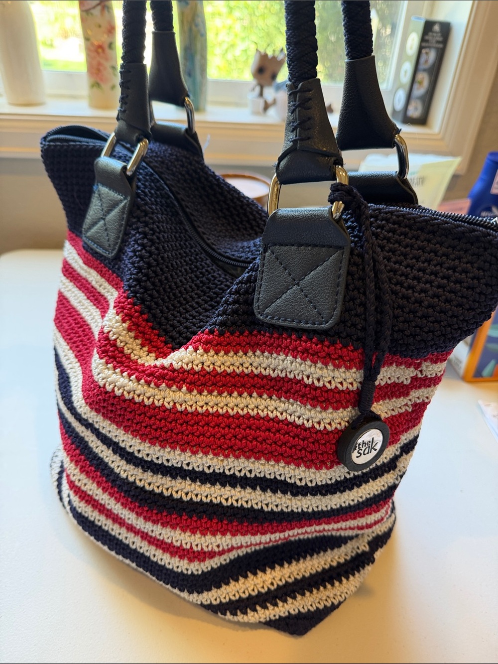 The Sak handbag Navy Red & Cream Striped Crochet Tote cambria Americana